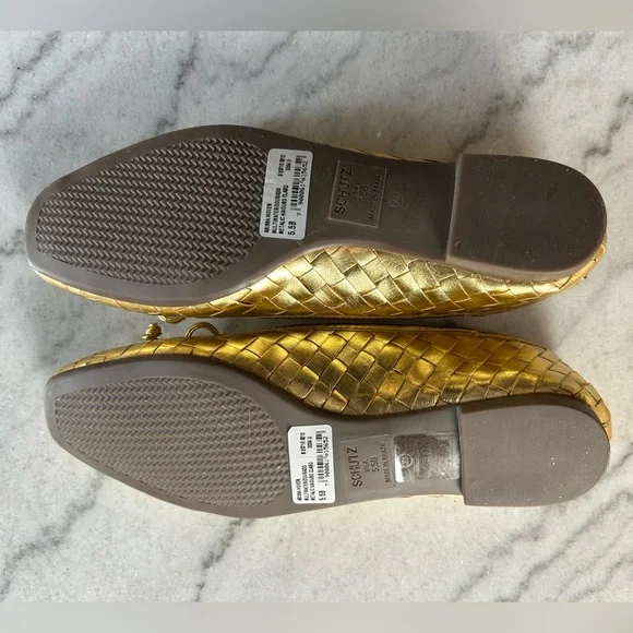 SCHUTZ Gold Woven Ballet Flats with Bow Accent - Picture 6 of 6